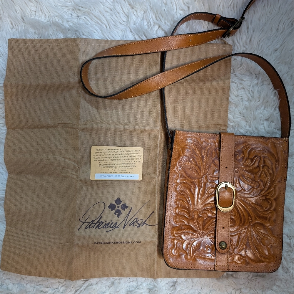 Patricia Nash Lanza Tooled Leather Crossbody Bag Burnished Cognac